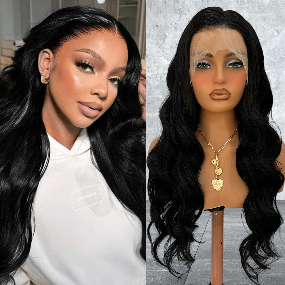 

Black Depp Wave Synthetic Lace Wig Long Body Wave Wig Black Wig Ready to Wear Lace Front Wigs for Women Natural Hairline Cosplay