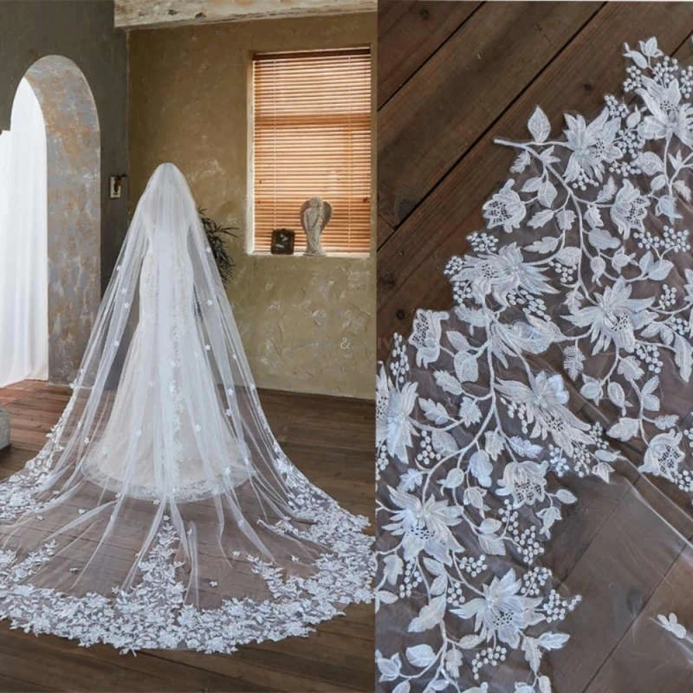 

3 м * 3 м однослойная свадебная фата соборной длины с цветочной кружевной аппликацией фата невесты женская свадебная женская свадебная аксессуар