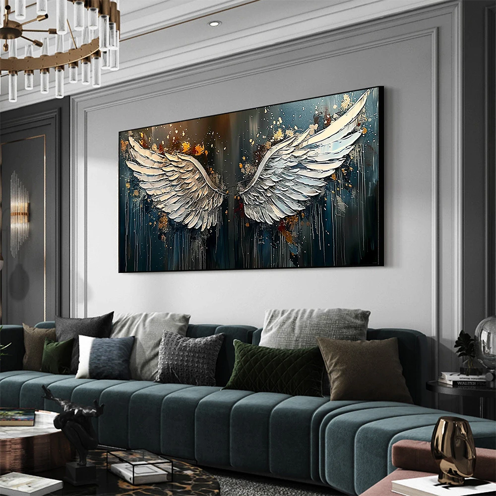 1pc frameless Angel Wing Oil Painting Canvas Painting Large Wall Art Abstract White Wing Art Painting Minimalist Home Decor Pers - view 3