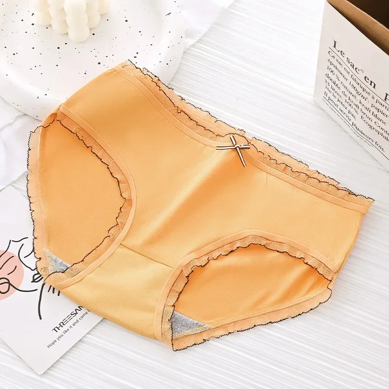 Underwear Women Panties Sexy Lace Mid Waist Briefs Breathable Underpants Plus Size Pantys Solid Color Lingerie