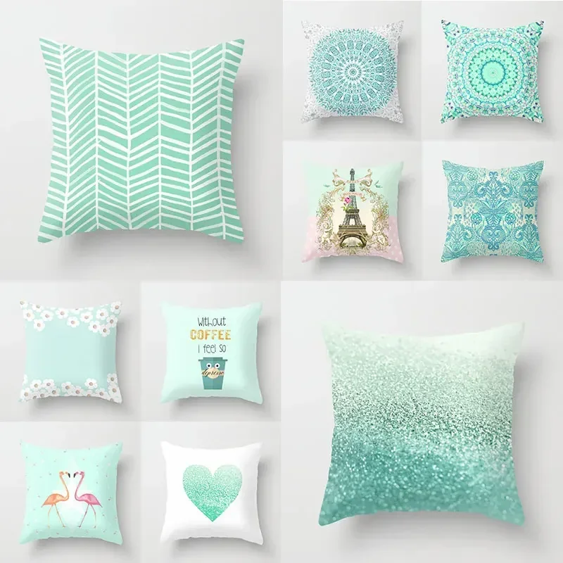 Mint green geometric pattern Double-sided Printed pillow cover Short plush Suitable living rooms bedrooms throw cushion cover