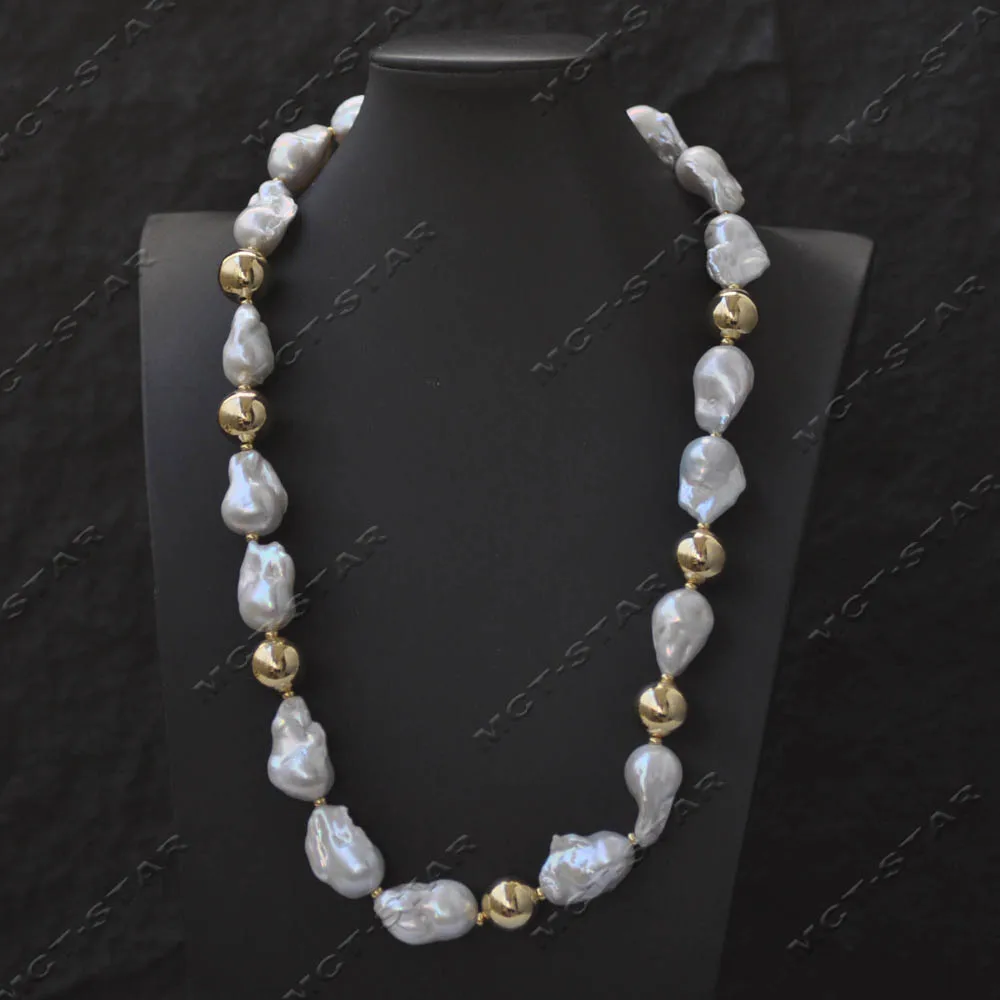 Z14438 23'' 26mm White Baroque Keshi Reborn Pearl Golden Ball Necklace