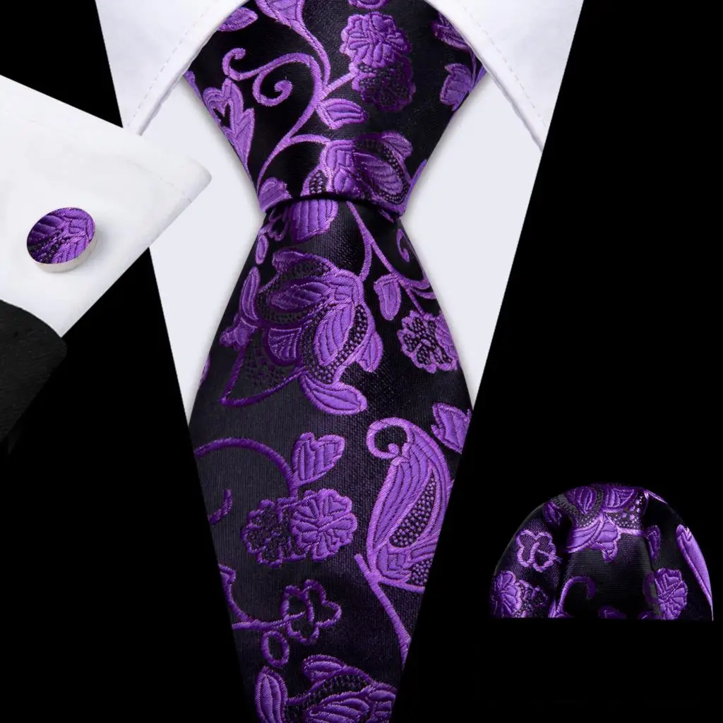 Purple Black Floral Silk Tie For MenWith Pocket Square Cufflink Set New Suit Necktie For Male Formal Designer Party Barry.Wang