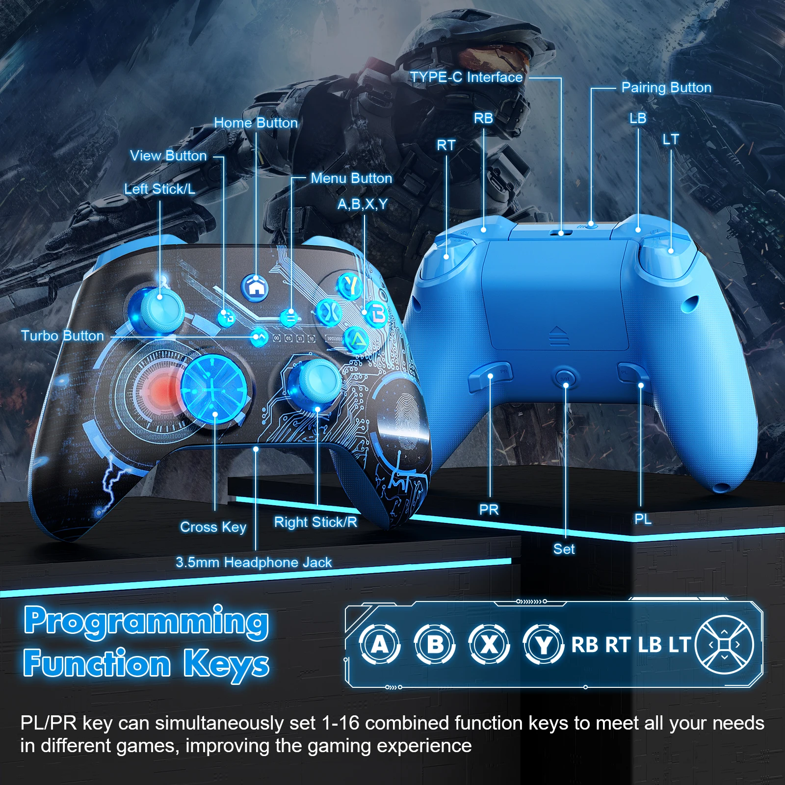 وحدة تحكم لوحدة التحكم XBox One/Series S/X/PC عصا تحكم ألعاب لاسلكية مزدوجة الاهتزاز مع تأثير قاعة RGB 6-Axis Gyro FUNC Gamepad