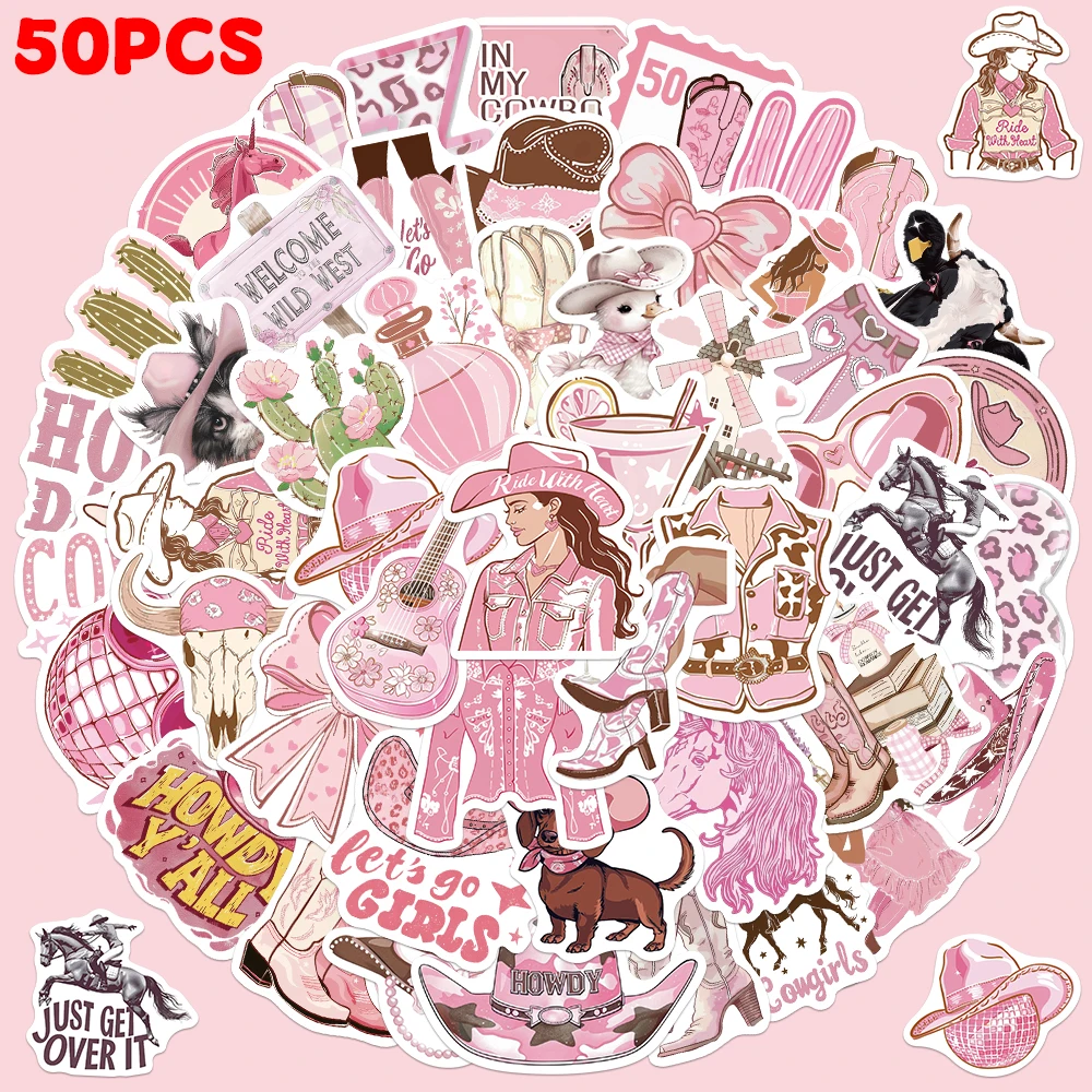 50PCS Pink Cowgirl Stickers Waterproof Vinyl Decals Western Cowboy Horse Cactus Stickers for Phone Laptop Scrapbook DIY Decor