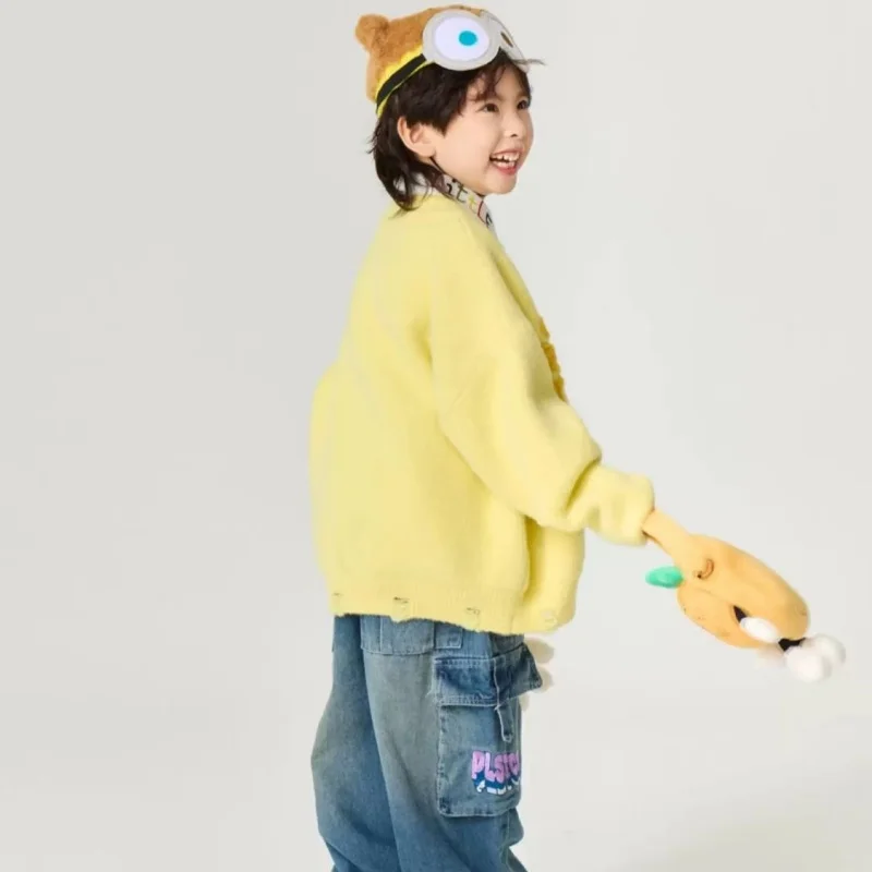 Boys and Girls' Sweater Spring and Autumn New Style Letter Jacquard 3D Banana Knitted Hoodie Children's Loose Top
