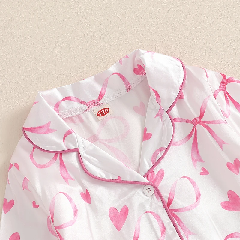 Kids Girls Pajamas Set Heart Bow Print Long Sleeves Shirt and Elastic Pants for Loungewear Sleepwear