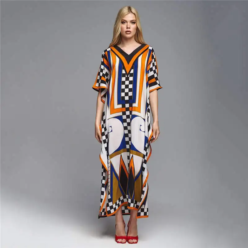 جديد هندسي طباعة المرأة شاطئ الستر بيكيني التستر الصيف شاطئ فستان تونك حجم كبير ملابس الشاطئ الغطاء