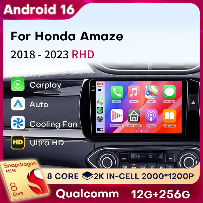 Android 16 Carplay For Honda Amaze 2018 2019 2020 2021 2022 2023 RHD Car Radio 4G LTE Auto DSP Player Head Unit Video Multimedia