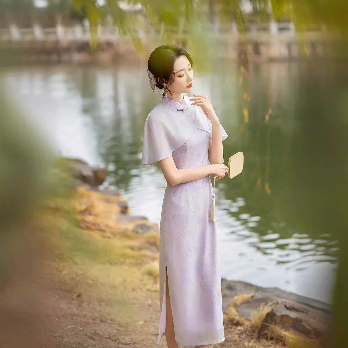 

Длинное платье Cheongsam в национальном стиле, новинка 2025, летнее фиолетовое жаккардовое платье в стиле ретро для молодых девушек, Qipao