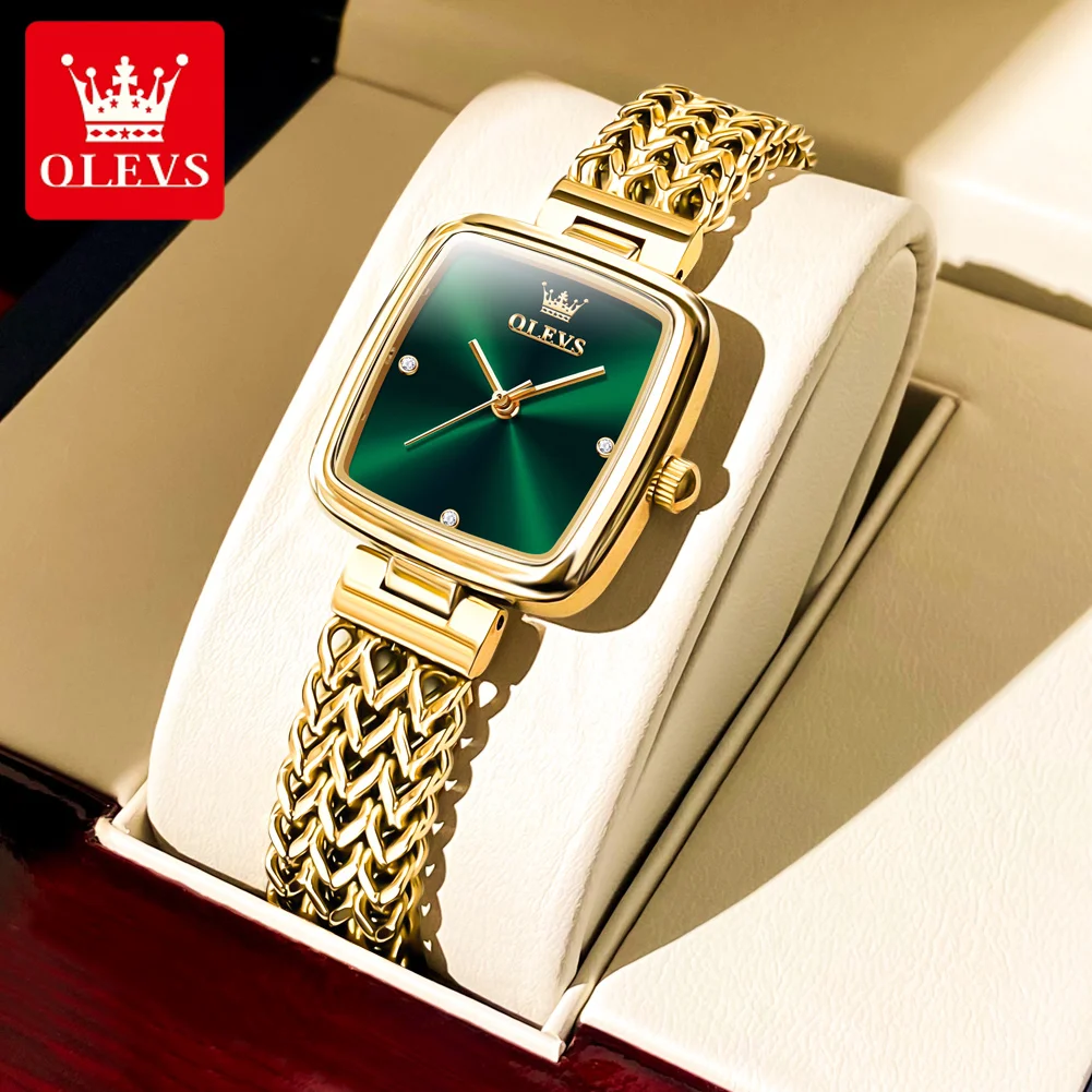 

OLEVS Women's Watches Elegant Fashion Small Dial God Green Watch for Girl Waterproof Mesh Steel Strap Red Gift Box With Bracelet