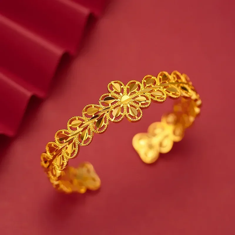 

9999 Real Gold 24K Hollow Women's Gold Leaf Opening Bracelet Ethnic Gold Flower Leaf Bracelet