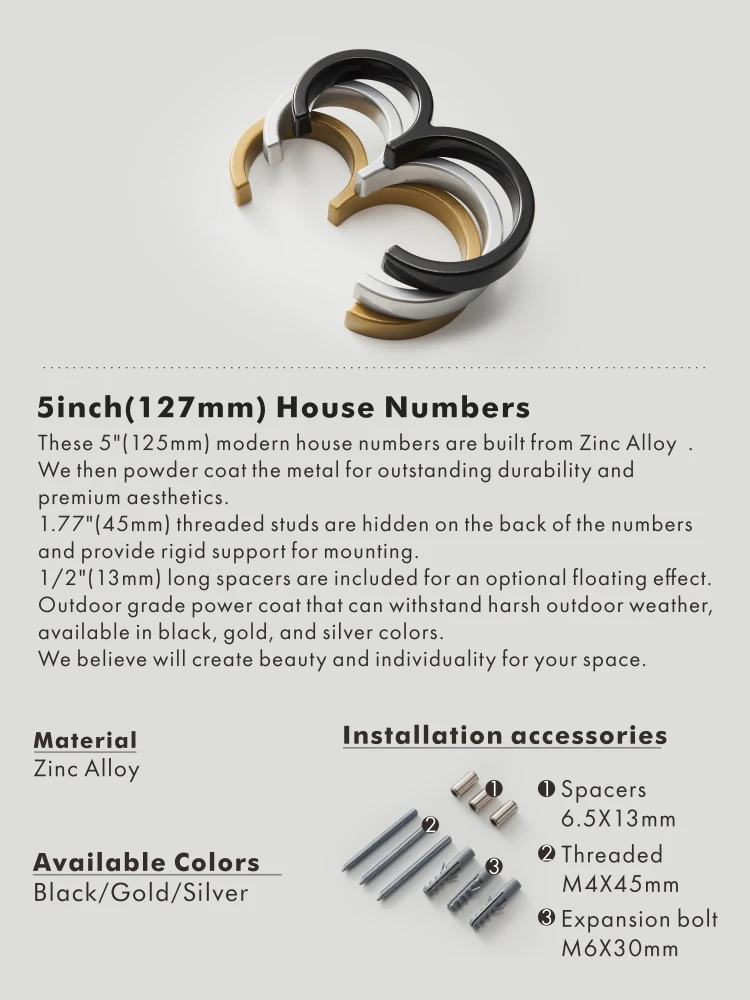 Nurlin 5 inchs 125mm Luxury Address Big House Numbers Modern Gold Black Silver Floating Signage Outdoor Digits Mailbox Sign