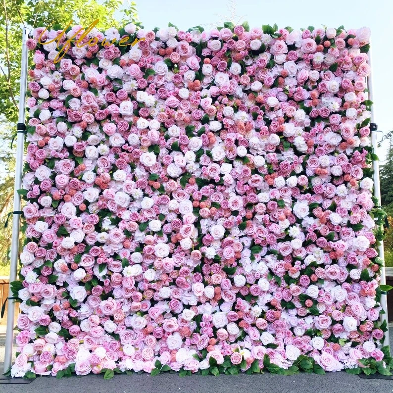 Uflower Wedding Pink Rose 5D Artificial Flower Wall Row Arch Backdrop Fabric Floral Event Party Prop Floral Arrangement Decor