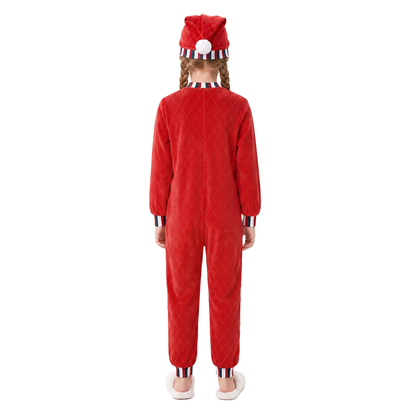 Kids Girls Christmas Elf Santa Helper Costume Long Sleeve Zipper Rhinestone Velvet Jumpsuit with Hat for Holiday New Year Party