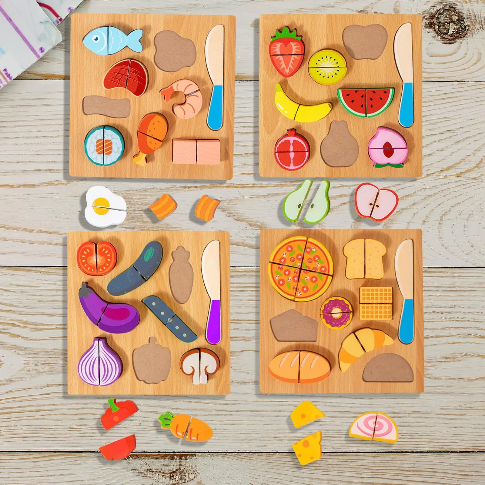 Drewniana układanka do krojenia, zabawka edukacyjna, puzzle do dopasowywania, drewniana kuchnia do zabawy, zabawka do krojenia jedzenia dla chłopców, dzieci, dziewcząt i młodzieży.