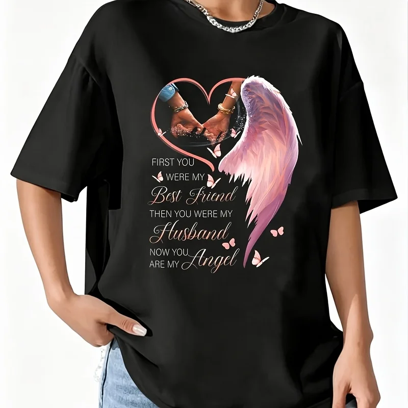 My Best Friend Husband Angel Women's 100% Cotton T-Shirt Fun Print Short Sleeve Top Casual Round Neck Tee S-5Xl