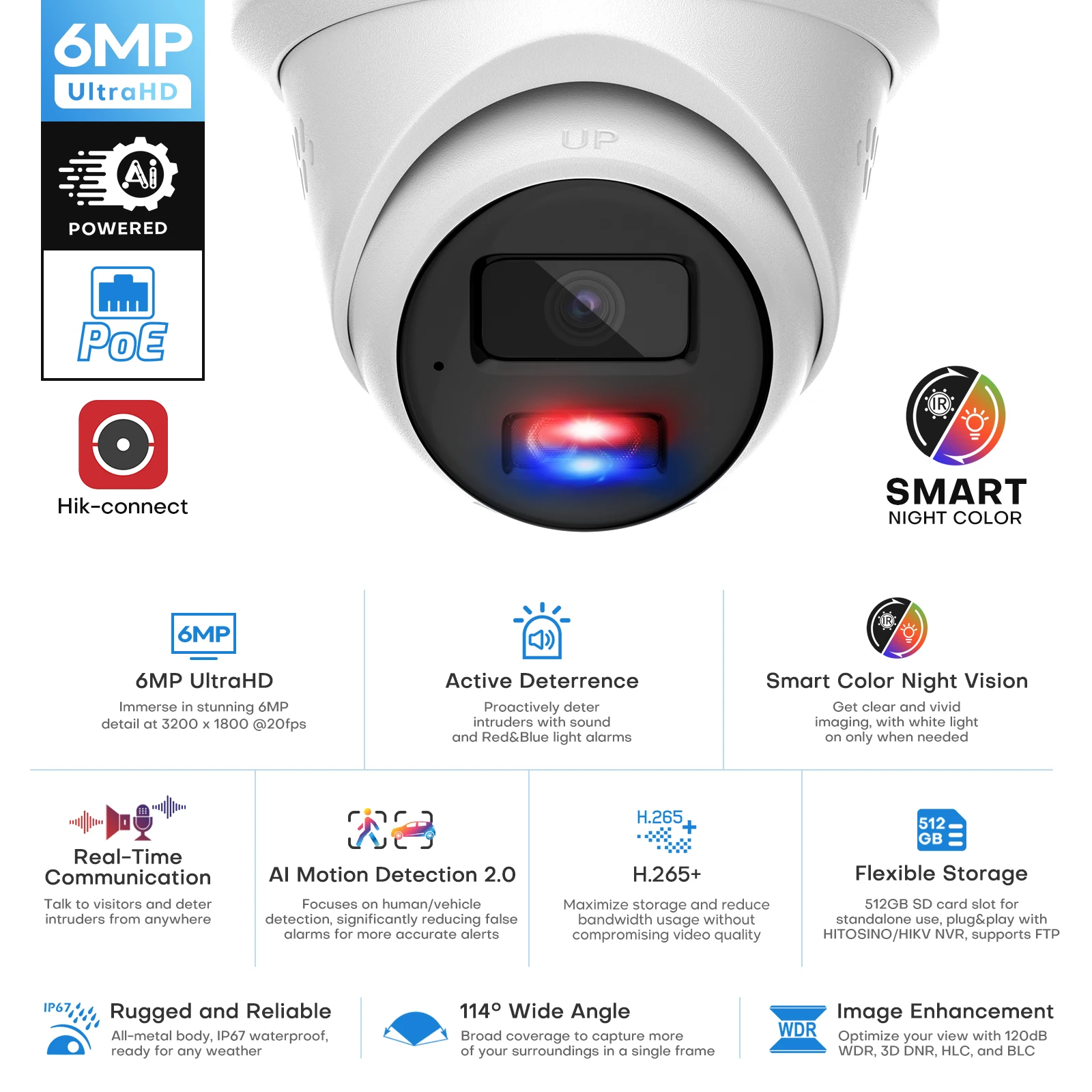 6MP 8CH NVR Kit with 2TB HDD, 6pcs MD 2.0 Cams Active Light & Sound Alarm AI Human/Vehicle Detect 2 Way Talk PoE System