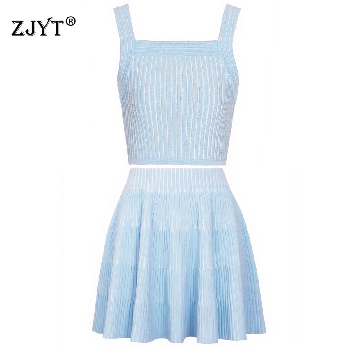

ZJYT Women's Knitted Dress Set 2 Piece Summer New Sleeveless Knitting Crop Top and Mini Skirt Suit Elegant Female Outfit Blue