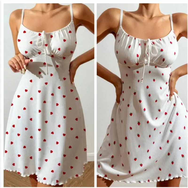 1/2pcs Womens Heart Print Nightdress Sexy Spaghetti Strap Pajama Dress Sleeveless Lace-Up Cute Slim Fit Sleepwear