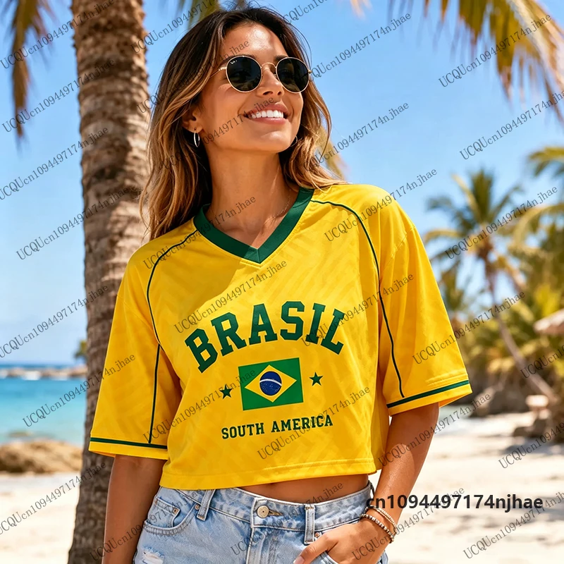 2026 New Brazil Flag Print T-Shirt For Women Summer Short Sleeve Sexy Crop Top Football Jersey Y2k V-neck Casual Tees Sports Top
