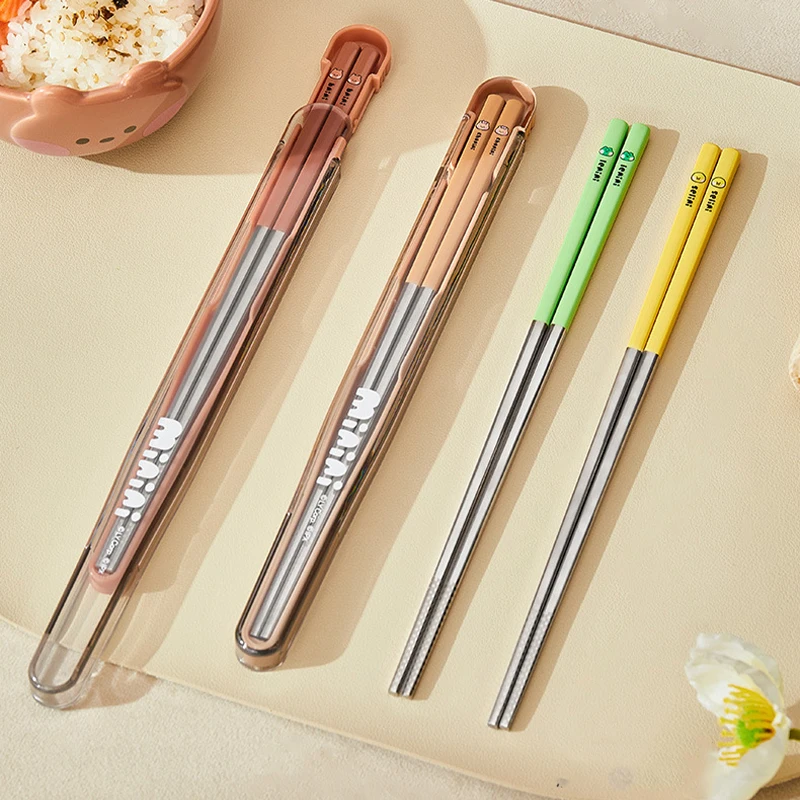 1 Pair Anime Brown Bear Sally Cony Kawaii 304 Stainless Steel Chopsticks with Storage Box Cartoon Dinnerware Kitchen Accessories