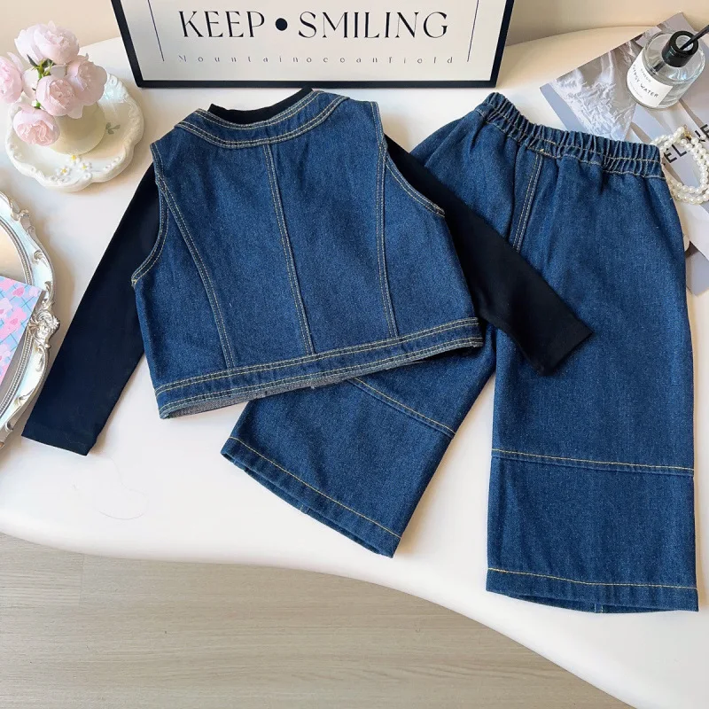 Children Denim Set New Spring and Autumn Girls Retro Denim Vest Top Casual Wide Leg Pants Two-piece Set