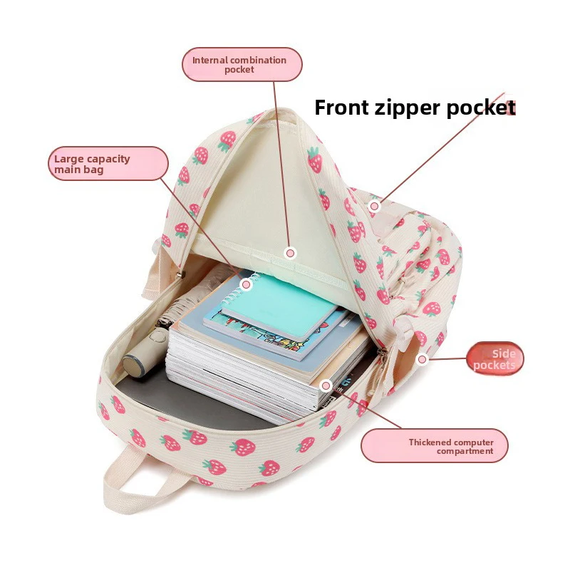Conjunto de 3 peças: Mochila escolar de veludo com lancheira e estojo, mochila escolar fofa para meninas, mochila com estampa de morango para adolescentes e mulheres.