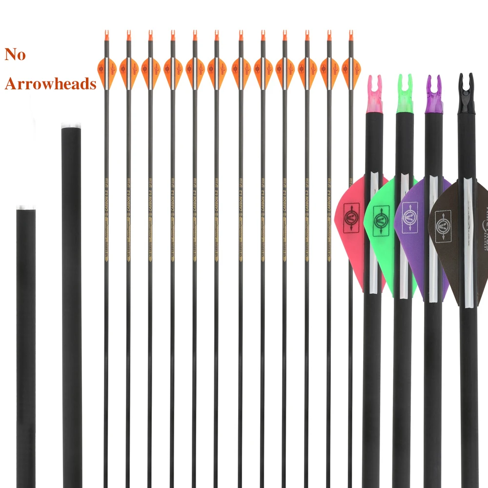 

30Inch Archery Pure Carbon Arrows 2" Vanes No Arrowheads Spine 400/500/600/ID6.2mm Recurve Compound Bow Shooting Hunting 6/12pcs