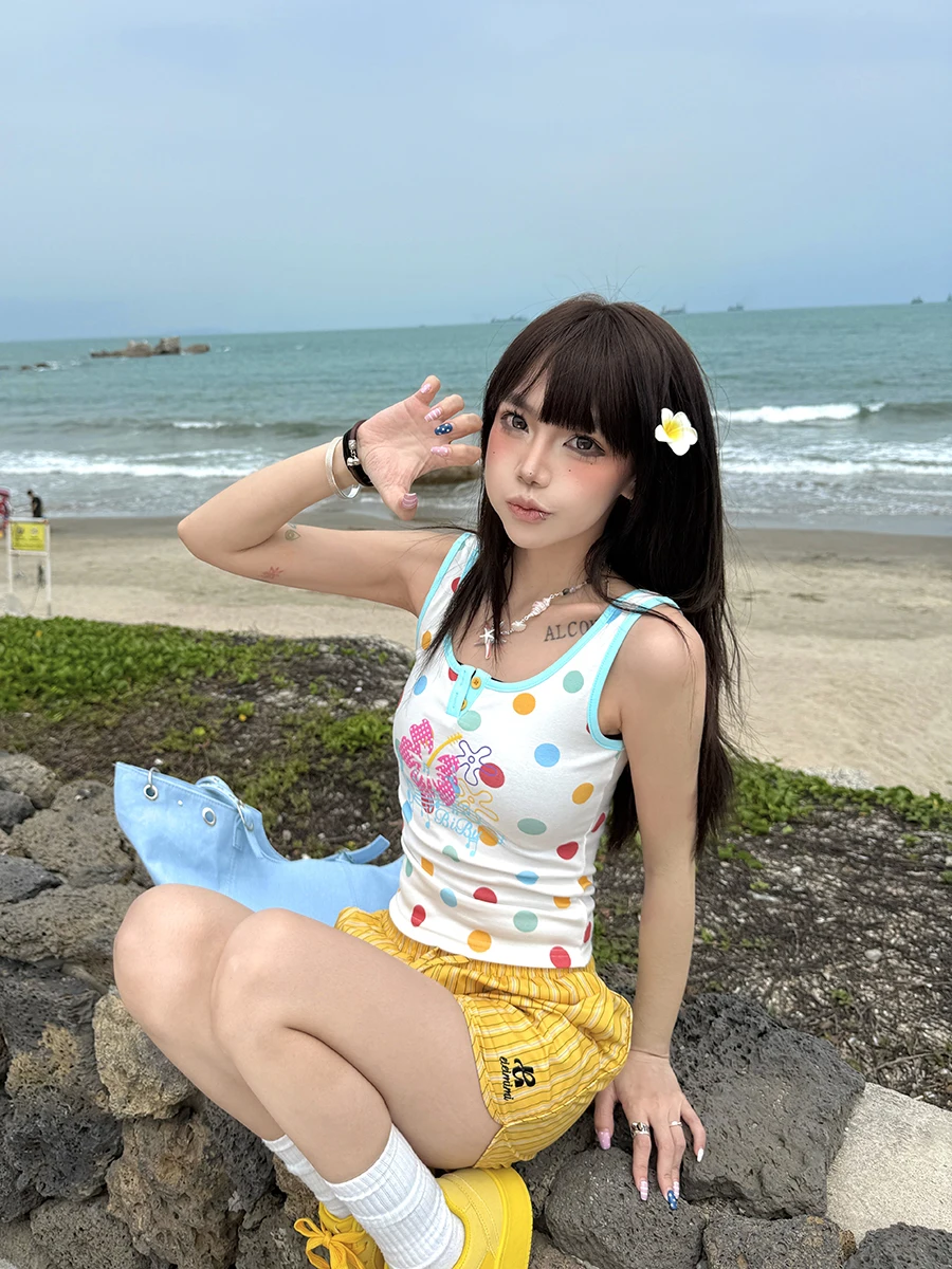 Summer Short Crop Top Women's Slim Fit Striped Note Color Block Halter Vest Street Style Korean Spicy Girl Floral Polka Dot