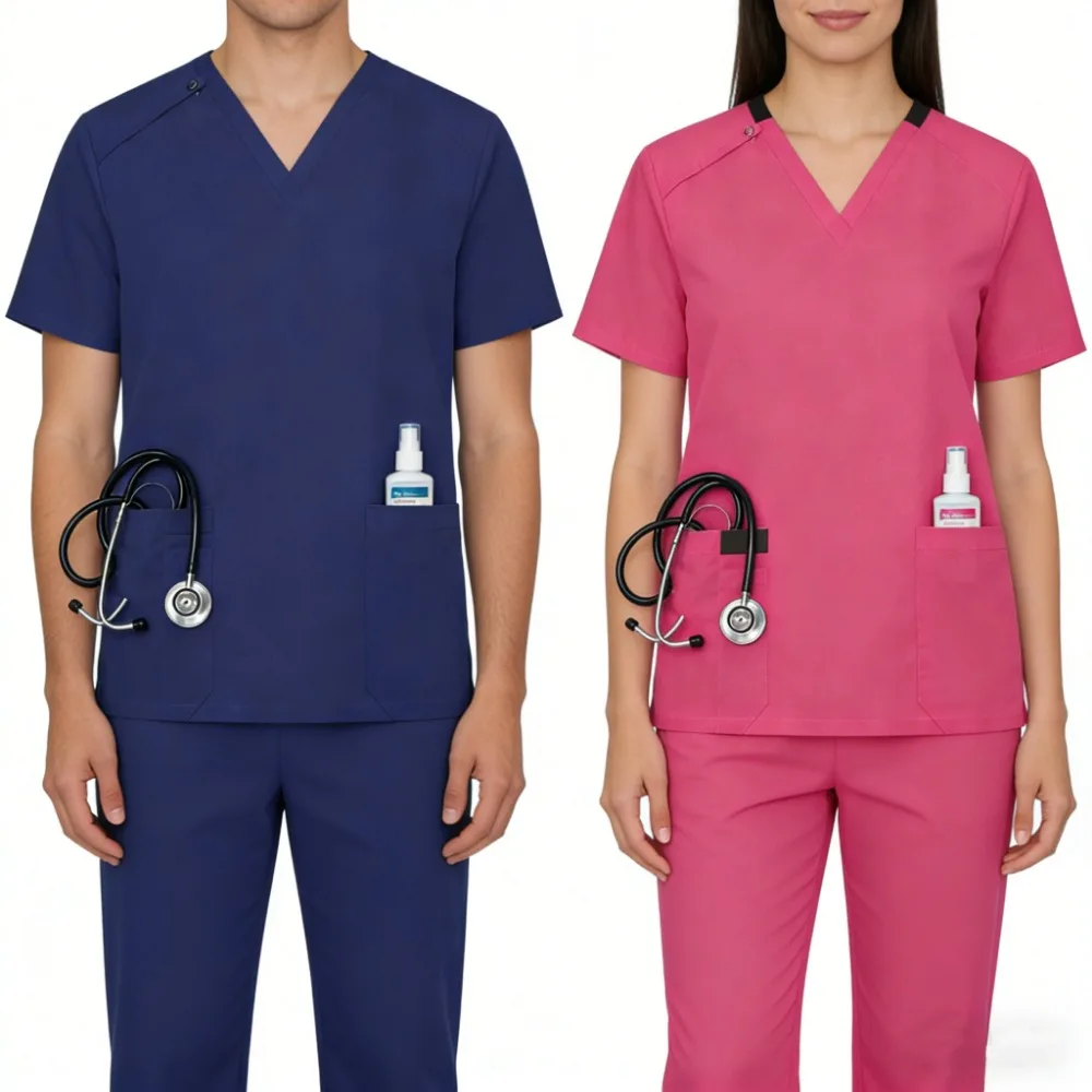 New Beautician Clothes Woman Solid Color Nursing Top T-Shirt Medical Uniforms Short Sleeve Women Men V-neck Pocket Scrub Tops