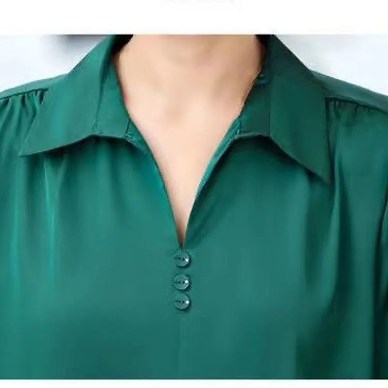 Elegant Vintage V-neck Solid Button Pullover Ladies Clothes 2023 Summer New Loose Comfortable Half Sleeve Tops Casual Shirt