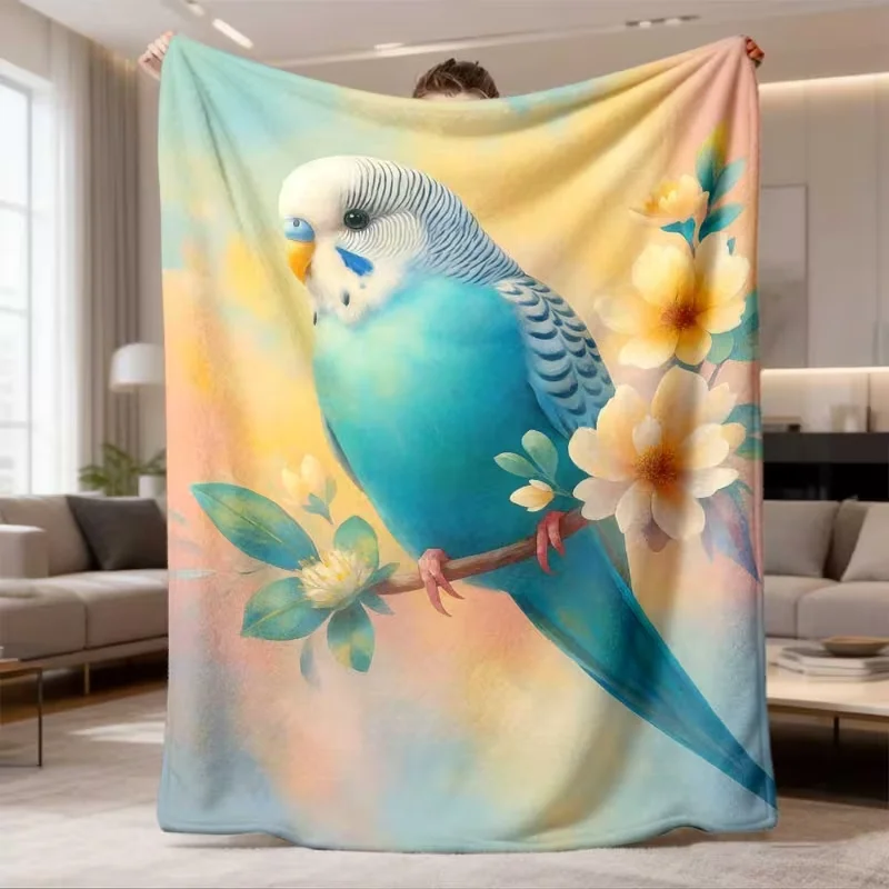 Watercolor Blue Budgie Parrot Floral Blanket Pastel Gradient Flower Bird Print Soft Cozy Blanket for Sofa Bed Cute Home Decor