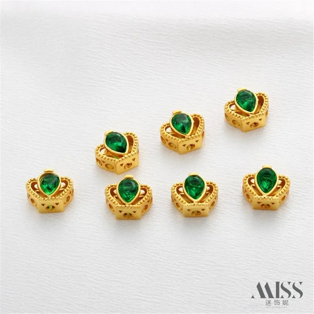 18K Gold-wrapped Color Matte Gold Hollow Inlaid with Green Zircon Crown Bead Diy Handmade Bracelet Necklace Jewelry Accessories