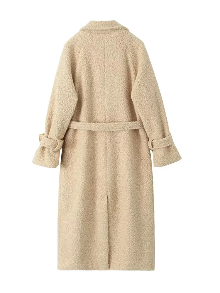HH New Woman Winter Fashion Solid Color Long Sleeves Double Breasted Belt Decoration Long Coat Female Casual Commuting Long Coat