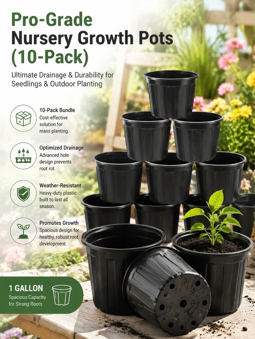 10pcs Black Plastic Nursery Pots with Drainage Holes – 1-Gallon Seedling Starter Pots for Indoor & Outdoor Gardening