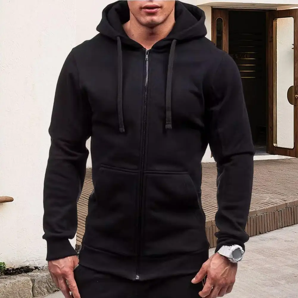 All-season Men Hoodie Stylish Men's Hooded Jacket with Drawstring Zip-up Closure Elastic Cuff Pockets for Fall Winter Season Mid