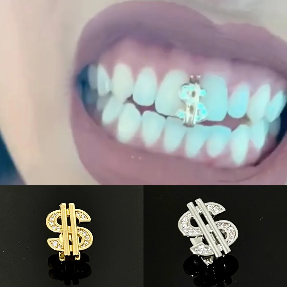 YOUNGX Single Cubic Zircon Dollar Teeth Grillz Hip Hop Punk CZ Stone Tooth Caps For Women Men Jewelry Rapper Gift Cosplay