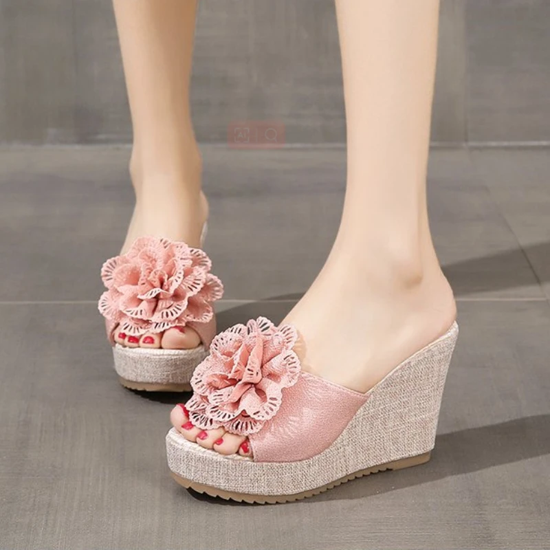 Summer Beach Platform Women Wedge Slippers Appliques Butterfly-knot Female Sandals Clog Shoes Slides Women