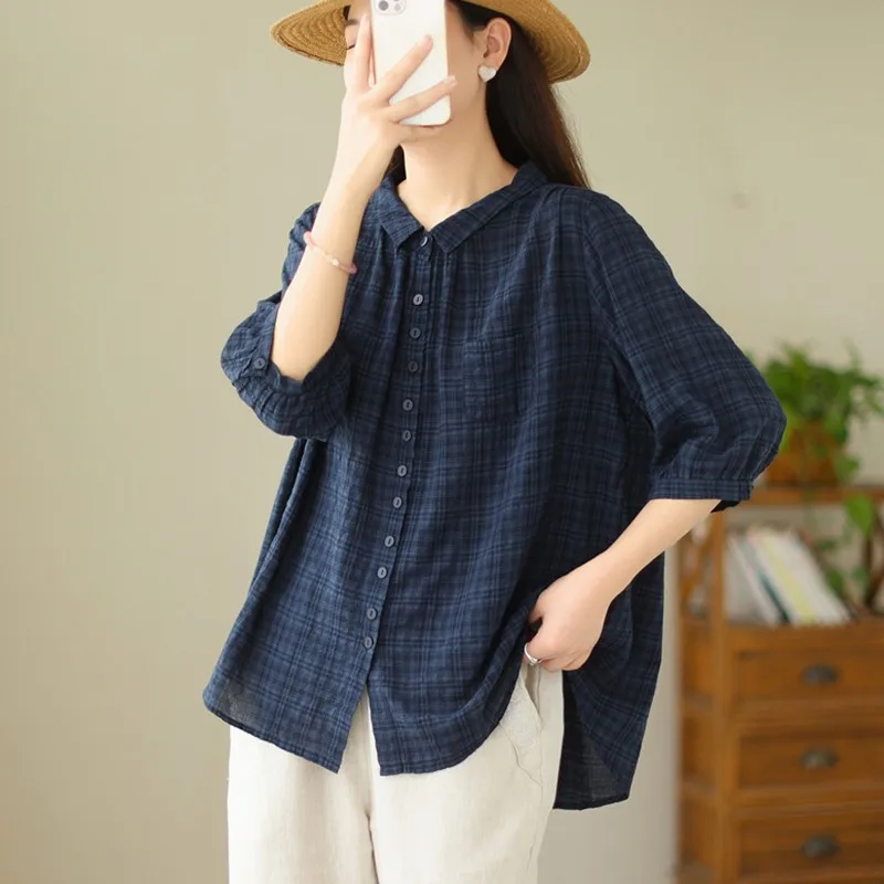 Women Casual Cotton Shirt New Arrival 2024 Summer Simple Style Solid Color Basics Loose Female Half Sleeve Tops Shirts B3818