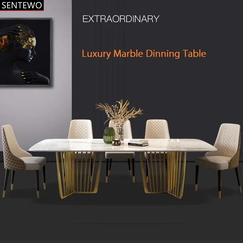 

SENTEWO Free Shipping Nordic Luxury Marble Dining Table Set 6 Chairs Stainless Steel Golden Frame Tables Chaises Salle Manger