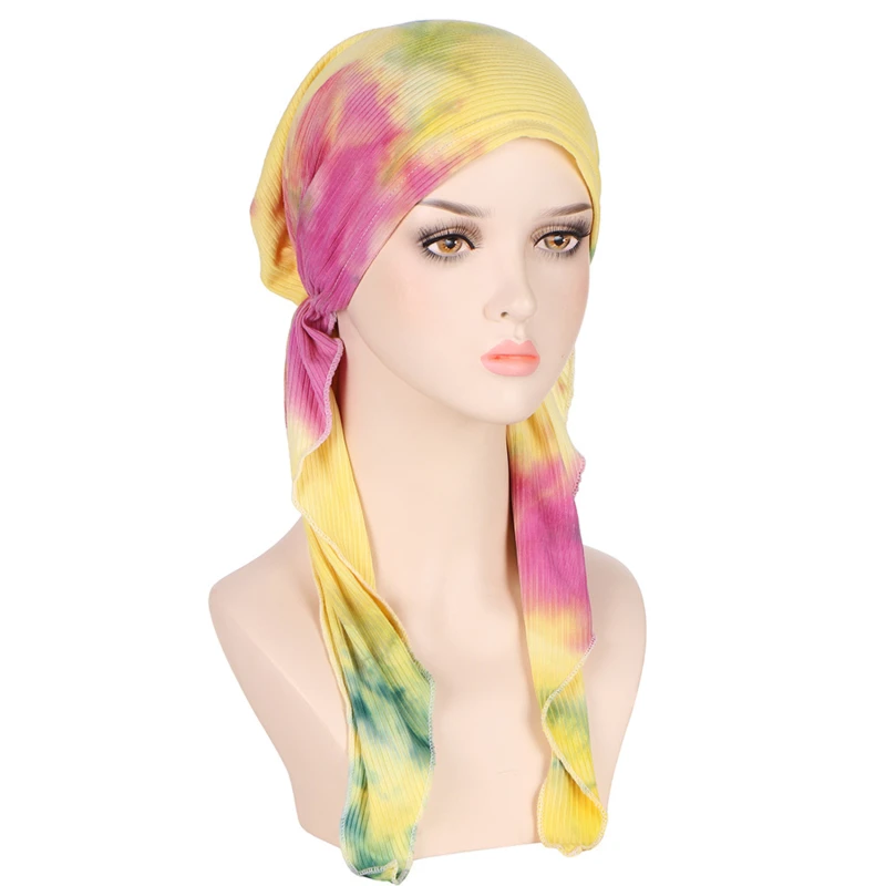 Women Muslim Underscarf Elastic Headband Bonnet Muslim Women Turbans European And American Tie Dyed Curved Floral Cloth Hat