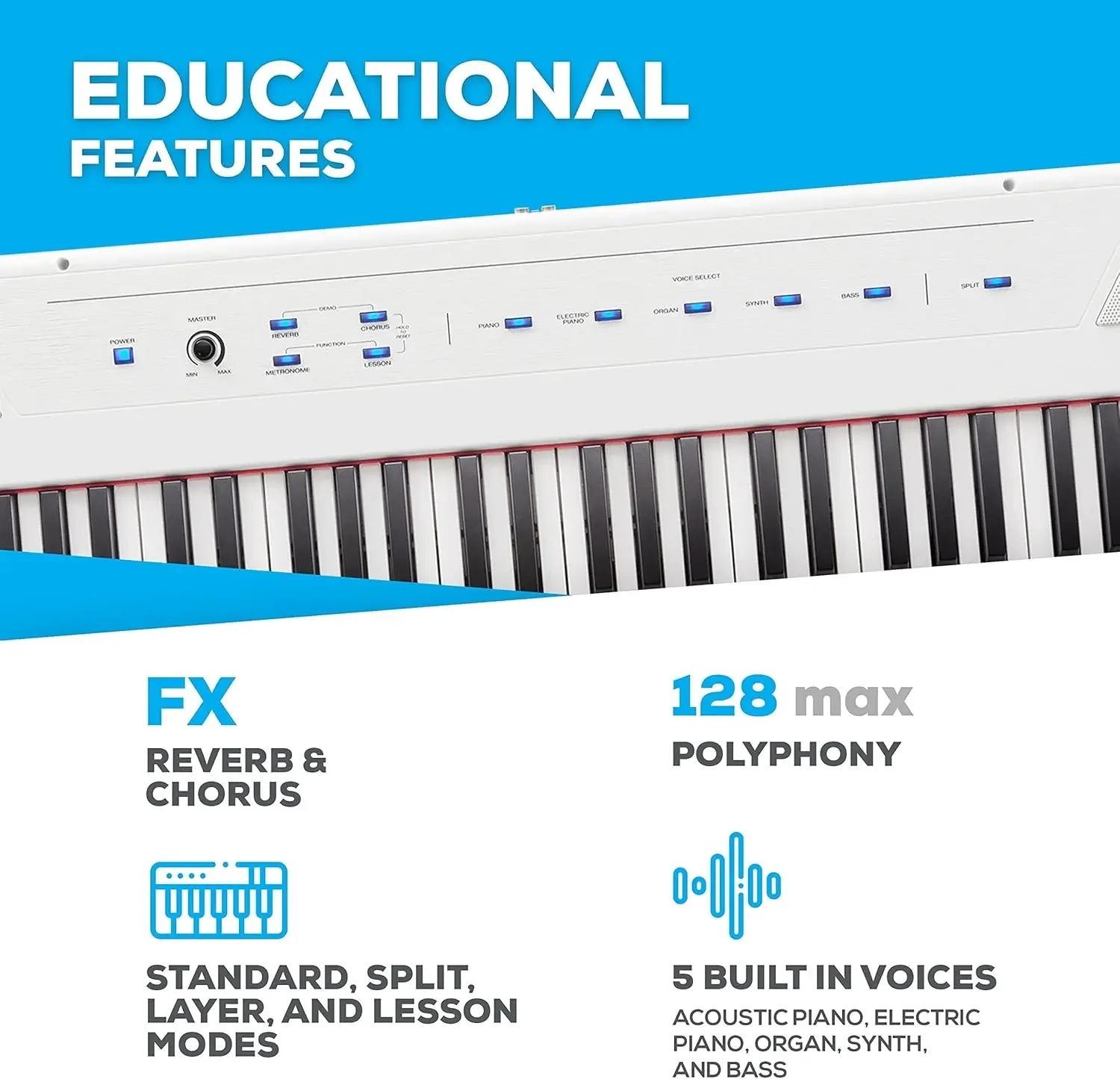 Teclado de piano digital de 88 teclas con teclas semippesadas, 2 altavoces de 20 W, 5 voces, modo de capa y lección