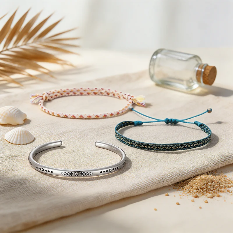 Vintage Boho Bracelet Set 3Pcs 925 Silver Plated Open Cuff Bangle Hand‑woven Rope Ethnic Stackable Bracelets Women Beach Jewelry