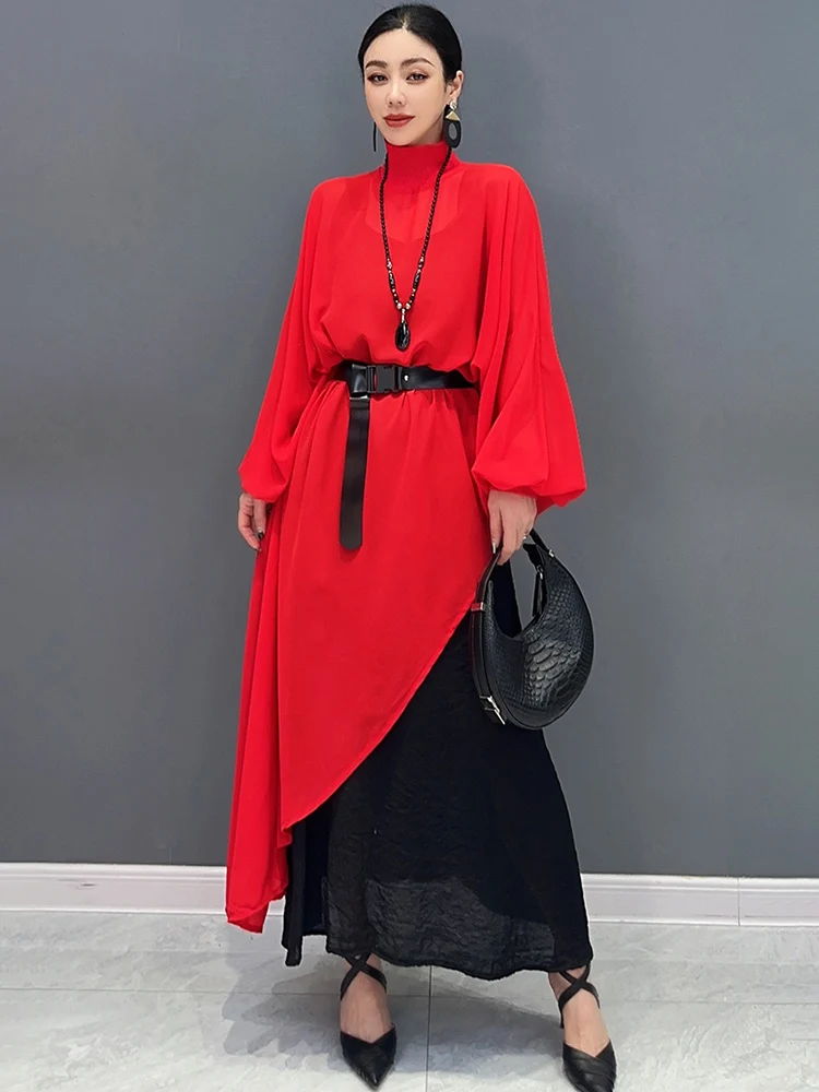 SHENGPALAE 2024 Spring Summer New Women\'s Clothes Chiffon Long Shirt Irregular Top Loose Fashion Elegant Chic Dress Female R9865