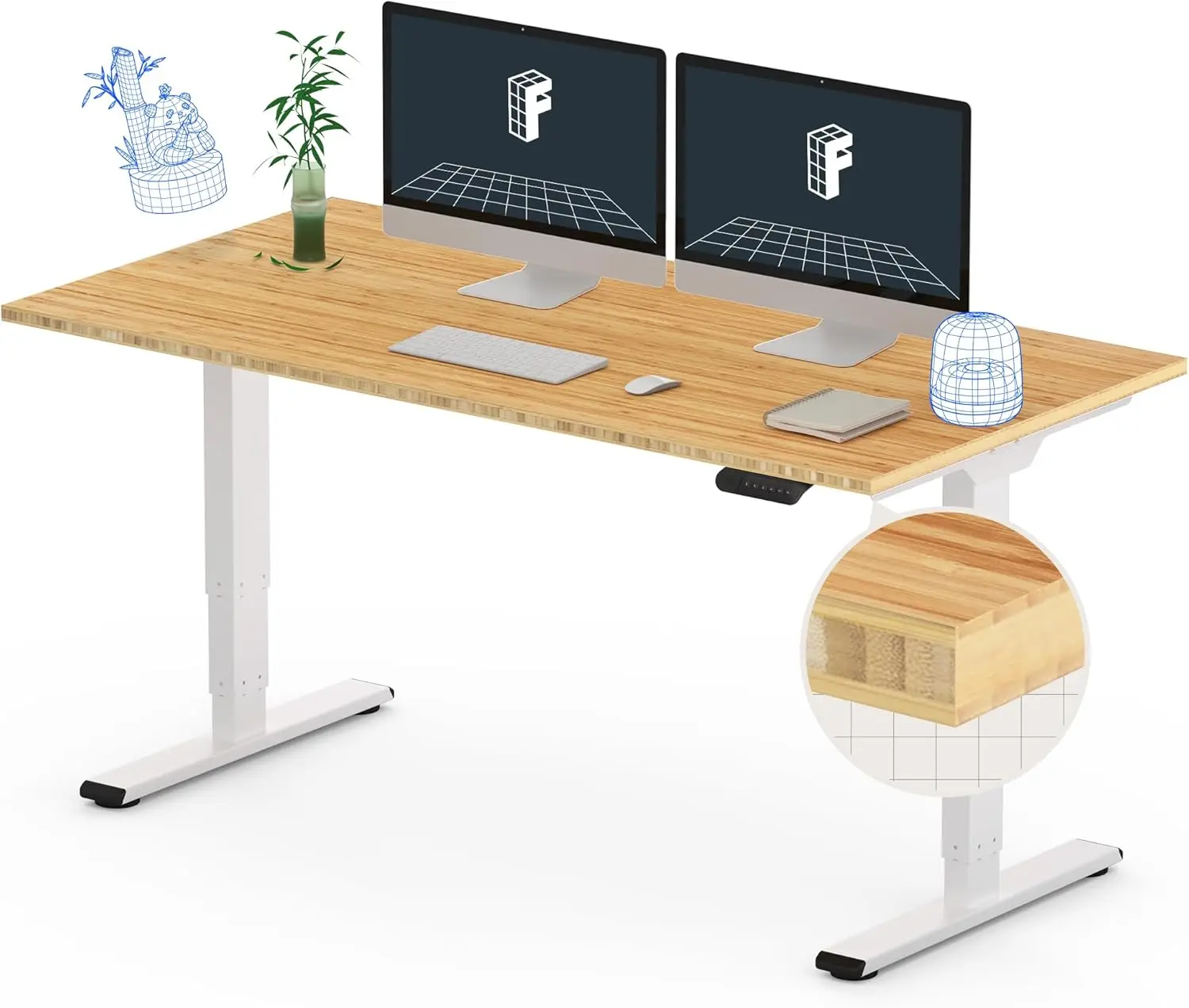 Flexispot Pro Bamboo 3 Stages Dual Motor Electric Standing Desk 55X28 Inch Whole-Piece Desk Board Height Adjustable Desk