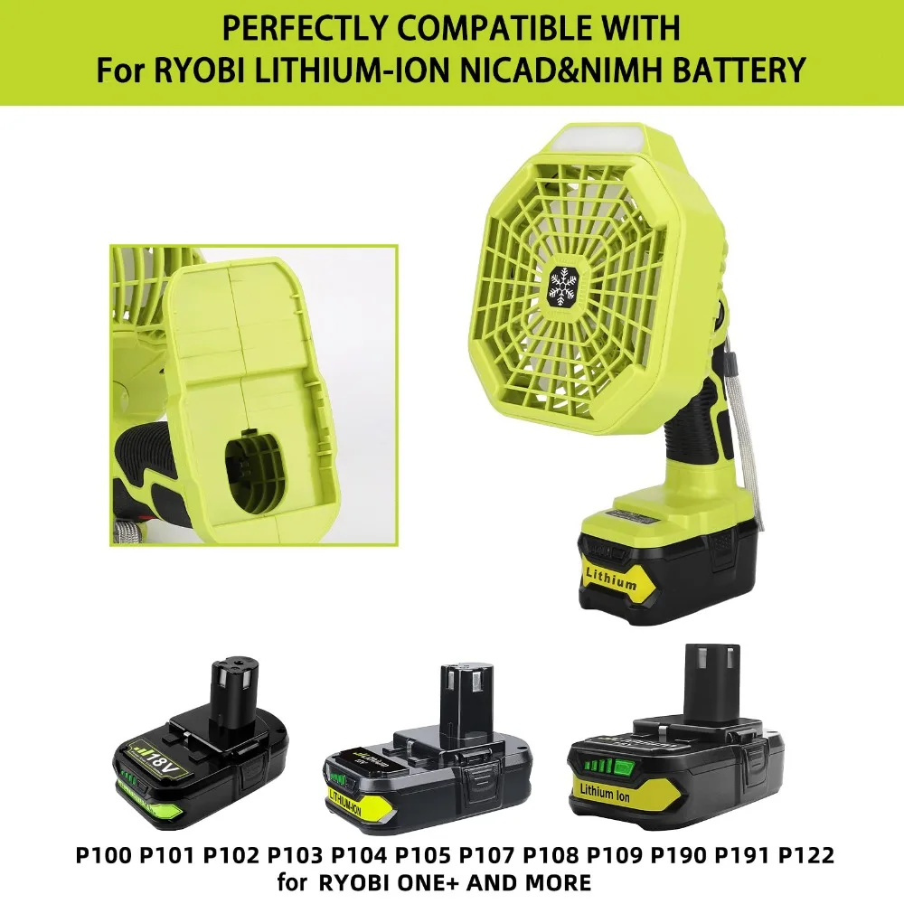 Kipas Baterai Portabel Tanpa Kabel Kipas Berkemah Rumah & Luar Ruangan untuk Baterai RYOBI 18V dengan 3 Kecepatan Hemat Energi & Lampu LED Dapat Diredupkan