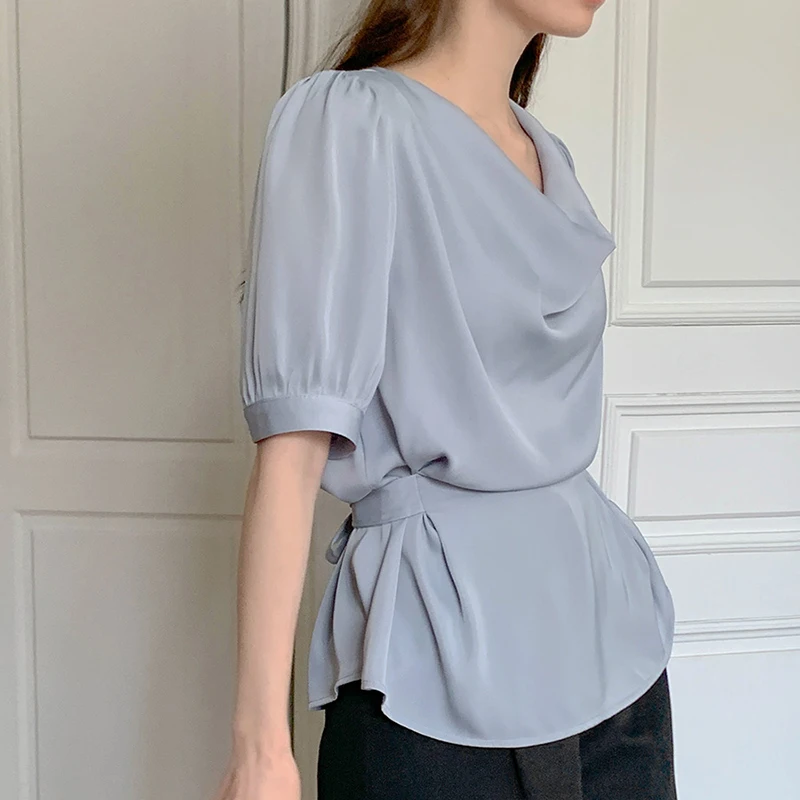 Fashion Irregular V-neck Lace-up Shirts Women Waist-cinching Slim Tops Blouse Elegant Loose Casual Blouse Apricot, Sky Blue