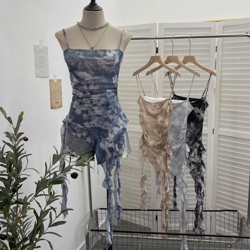 ISAROSE Summer Casual Camisole for Women Smudge Dyeing Spaghetti Straps Breathable Stretch Mesh Asymmetrical Side Ruffle Tops
