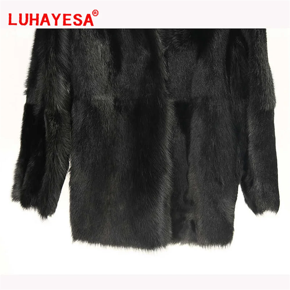 2024 Spain Tuscany Sheepskin Fur Shearling Clothing Women Black V Neck Medium Long Winter Warm Fur Coat